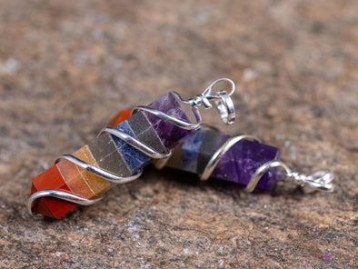 Rainbow CHAKRA Crystal Point Pendant - Wire Wrapped Gemstone Handmade Jewelry, Healing Crystals and Stones, E1360-Throwin Stones