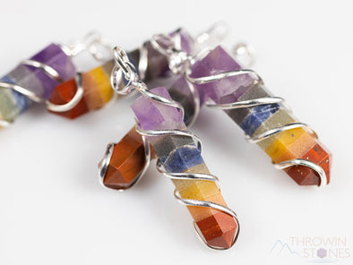 Rainbow CHAKRA Crystal Point Pendant - Wire Wrapped Gemstone Handmade Jewelry, Healing Crystals and Stones, E1360-Throwin Stones