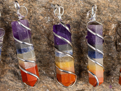 Rainbow CHAKRA Crystal Point Pendant - Wire Wrapped Gemstone Handmade Jewelry, Healing Crystals and Stones, E1360-Throwin Stones