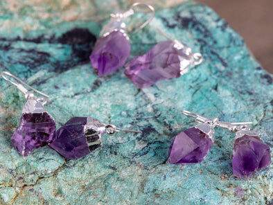 Raw AMETHYST Crystal Earrings - Dangle Drop Birthstone Electroplated Gemstone Jewelry, Gift for Her, E0139-Throwin Stones