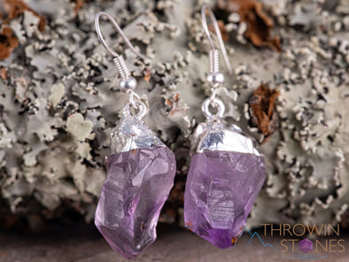 Raw AMETHYST Crystal Earrings - Dangle Drop Birthstone Electroplated Gemstone Jewelry, Gift for Her, E0139-Throwin Stones