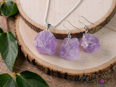 Raw AMETHYST Crystal Necklace Earrings Set - Dangle Earrings with Pendant Necklace, Birthstone Gemstone Jewelry, Gift for Her, E1157-Throwin Stones