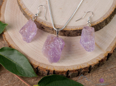 Raw AMETHYST Crystal Necklace Earrings Set - Dangle Earrings with Pendant Necklace, Birthstone Gemstone Jewelry, Gift for Her, E1157-Throwin Stones