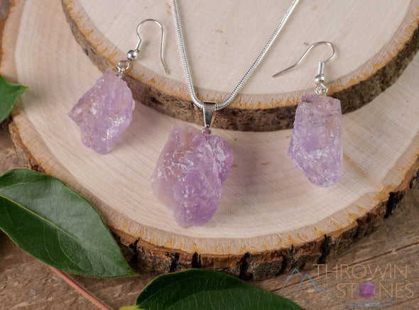 Raw AMETHYST Crystal Necklace Earrings Set - Dangle Earrings with Pendant Necklace, Birthstone Gemstone Jewelry, Gift for Her, E1157-Throwin Stones