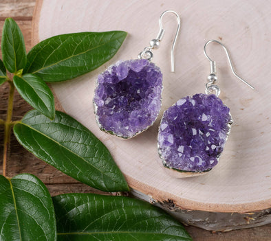 Raw AMETHYST DRUZY Crystal Earrings - Dangle Drop Earrings, Birthstone Gemstone Handmade Jewelry, E0547-Throwin Stones