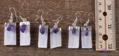 Raw AMETHYST & SELENITE Crystal Earrings - Silver - Raw Gemstone Earrings, Dangle Earrings, Handmade Jewelry, E0548-Throwin Stones