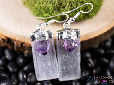 Raw AMETHYST & SELENITE Crystal Earrings - Silver - Raw Gemstone Earrings, Dangle Earrings, Handmade Jewelry, E0548-Throwin Stones