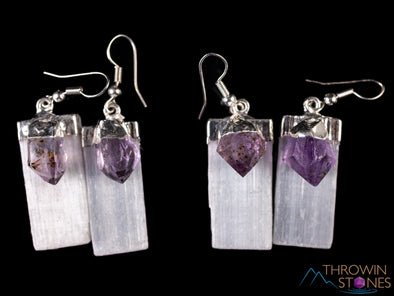 Raw AMETHYST & SELENITE Crystal Earrings - Silver - Raw Gemstone Earrings, Dangle Earrings, Handmade Jewelry, E0548-Throwin Stones