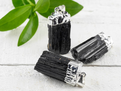 Raw BLACK TOURMALINE Crystal Pendant - Electroplated Silver Birthstone Gemstone Handmade Jewelry Gift for Him, E0911-Throwin Stones