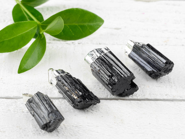 Raw BLACK TOURMALINE Crystal Pendant - Electroplated Silver Birthstone Gemstone Handmade Jewelry Gift for Him, E0911-Throwin Stones