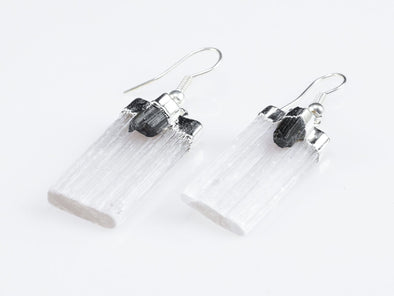 Raw BLACK TOURMALINE & SELENITE Crystal Earrings - Silver - Raw Gemstone Earrings, Dangle Earrings, Birthstone, Handmade Jewelry, E0919-Throwin Stones