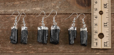 Raw BLACK TOURMALINECrystal Earrings - Silver - Raw Gemstone Earrings, Dangle Earrings, Handmade Jewelry, E0470-Throwin Stones