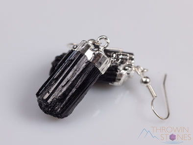 Raw BLACK TOURMALINECrystal Earrings - Silver - Raw Gemstone Earrings, Dangle Earrings, Handmade Jewelry, E0470-Throwin Stones