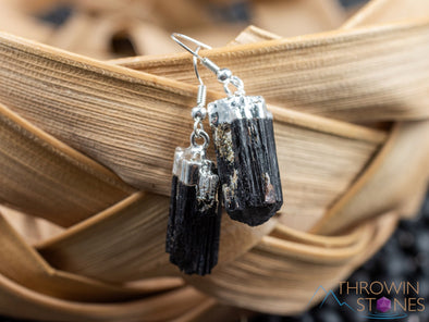 Raw BLACK TOURMALINECrystal Earrings - Silver - Raw Gemstone Earrings, Dangle Earrings, Handmade Jewelry, E0470-Throwin Stones