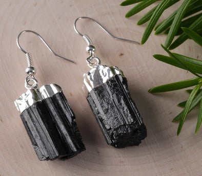 Raw BLACK TOURMALINECrystal Earrings - Silver - Raw Gemstone Earrings, Dangle Earrings, Handmade Jewelry, E0470-Throwin Stones