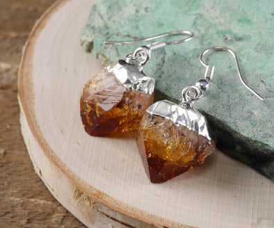 Raw CITRINE Crystal Earrings - Silver Plated Rough Gemstone Point Dangle Birthstone Jewelry, E0261-Throwin Stones