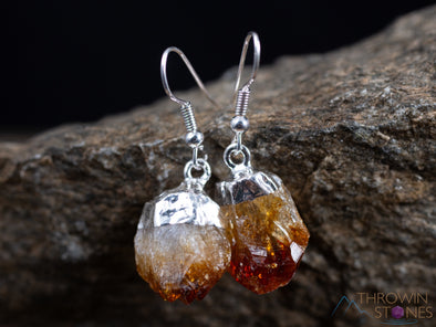 Raw CITRINE Crystal Earrings - Silver Plated Rough Gemstone Point Dangle Birthstone Jewelry, E0261-Throwin Stones