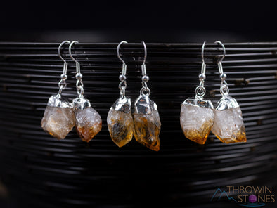 Raw CITRINE Crystal Earrings - Silver Plated Rough Gemstone Point Dangle Birthstone Jewelry, E0261-Throwin Stones