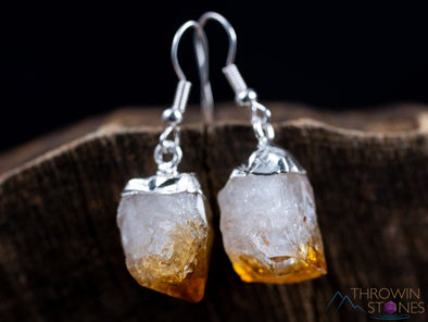 Raw CITRINE Crystal Earrings - Silver Plated Rough Gemstone Point Dangle Birthstone Jewelry, E0261-Throwin Stones