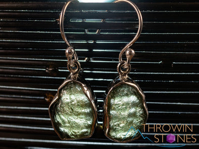 Raw MOLDAVITE Earrings - Sterling Silver, Plain Bezel - Moldavite Crystal, Dangle Earrings, Genuine Moldavite Jewelry, E2162-Throwin Stones