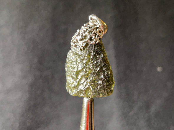 Raw MOLDAVITE Pendant - Sterling Silver, Leaf Bail - Moldavite Necklace Pendant, Genuine Moldavite Jewelry, 44594-Throwin Stones