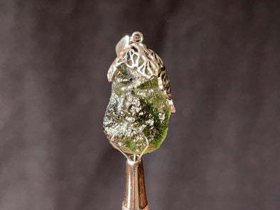 Raw MOLDAVITE Pendant - Sterling Silver, Leaf Bail - Real Moldavite Pendant, Moldavite Jewelry with Certification, 44541-Throwin Stones