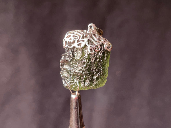 Raw MOLDAVITE Pendant - Sterling Silver, Leaf Bail - Real Moldavite Pendant, Moldavite Jewelry with Certification, 44543-Throwin Stones