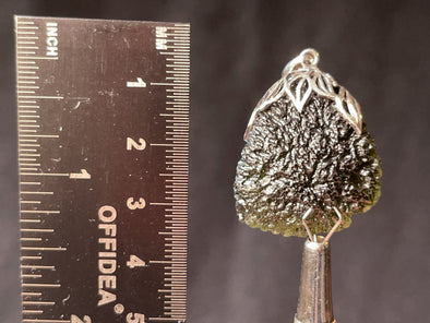 Raw MOLDAVITE Pendant - Sterling Silver, Leaf Bail - Real Moldavite Pendant, Moldavite Jewelry with Certification, 44545-Throwin Stones
