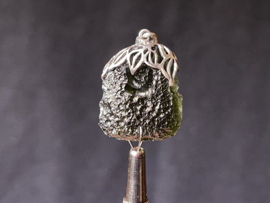 Raw MOLDAVITE Pendant - Sterling Silver, Leaf Bail - Real Moldavite Pendant, Moldavite Jewelry with Certification, 44555-Throwin Stones