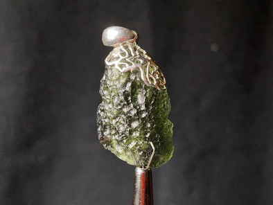Raw MOLDAVITE Pendant - Sterling Silver, Leaf Bail - Real Moldavite Pendant, Moldavite Jewelry with Certification, 44566-Throwin Stones