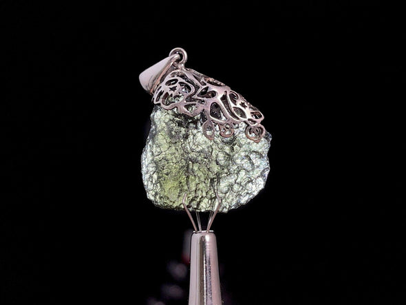 Raw MOLDAVITE Pendant - Sterling Silver, Leaf Bail - Real Moldavite Pendant, Moldavite Jewelry with Certification, 47936-Throwin Stones