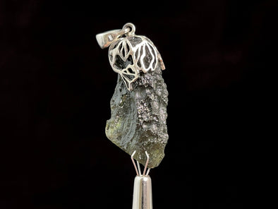 Raw MOLDAVITE Pendant - Sterling Silver, Leaf Bail - Real Moldavite Pendant, Moldavite Jewelry with Certification, 47938-Throwin Stones