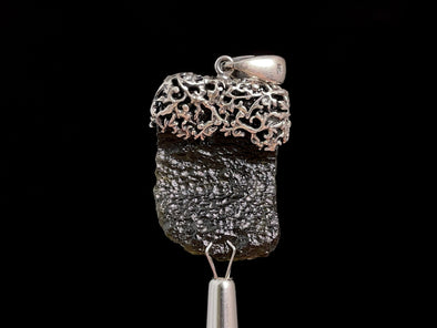 Raw MOLDAVITE Pendant - Sterling Silver, Leaf Bail - Real Moldavite Pendant, Moldavite Jewelry with Certification, 47953-Throwin Stones
