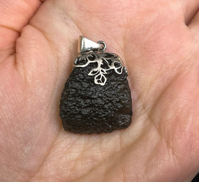 Raw MOLDAVITE Pendant - Sterling Silver, Leaf Bail - Real Moldavite Pendant, Moldavite Jewelry with Certification, 49705-Throwin Stones