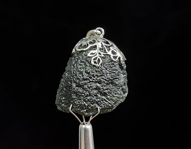 Raw MOLDAVITE Pendant - Sterling Silver, Leaf Bail - Real Moldavite Pendant, Moldavite Jewelry with Certification, 49713-Throwin Stones