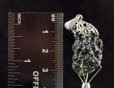 Raw MOLDAVITE Pendant - Sterling Silver, Leaf Bail - Real Moldavite Pendant, Moldavite Jewelry with Certification, 53593-Throwin Stones