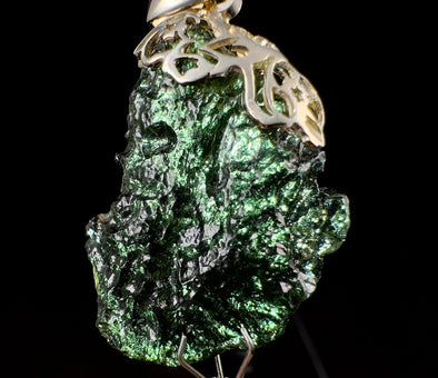 Raw MOLDAVITE Pendant - Sterling Silver, Leaf Bail - Real Moldavite Pendant, Moldavite Jewelry with Certification, 53599-Throwin Stones