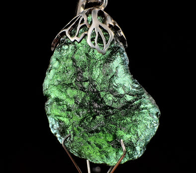 Raw MOLDAVITE Pendant - Sterling Silver, Leaf Bail - Real Moldavite Pendant, Moldavite Jewelry with Certification, 53608-Throwin Stones
