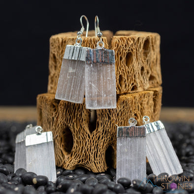 Raw SELENITE Crystal Earrings - Electroplated Silver Dangle Drop Earrings, Gemstone Handmade Jewelry Gift for Her, E0134-Throwin Stones