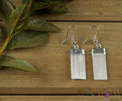 Raw SELENITE Crystal Earrings - Electroplated Silver Dangle Drop Earrings, Gemstone Handmade Jewelry Gift for Her, E0134-Throwin Stones