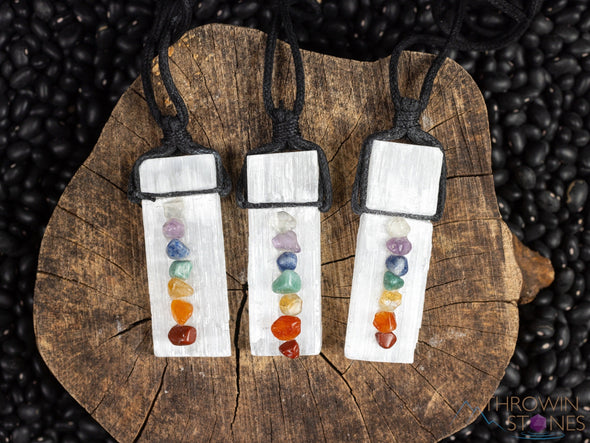 SELENITE & CHAKRA Crystal Necklace - Pendant Necklace, Handmade Jewelry, Healing Crystals and Stones, E0593-Throwin Stones