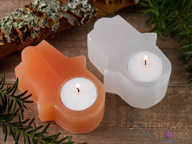 SELENITE Candle Holder - Hamsa - Tea Light Holder, Housewarming Gift, Home Decor, E1228-Throwin Stones