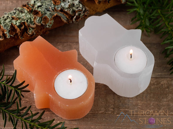 SELENITE Candle Holder - Hamsa - Tea Light Holder, Housewarming Gift, Home Decor, E1228-Throwin Stones