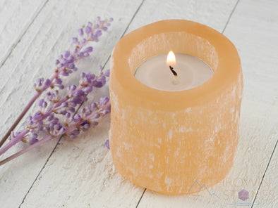 SELENITE Candle Holder - Raw Orange Selenite Crystal, Tea Light Holder, Housewarming Gift, Home Decor, E1099-Throwin Stones