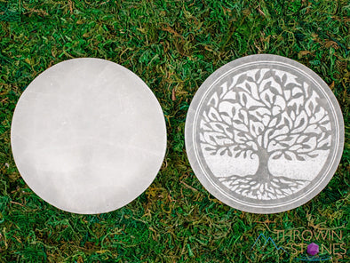 SELENITE Charging Plate - White Circle, Tree of Life - Selenite Plate, Crystal Charging Plate, Crystal Tray, E1898-Throwin Stones