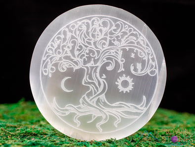 SELENITE Charging Plate - White Circle, Tree of Life, Sun and Moon - Selenite Plate, Crystal Charging Plate, Crystal Tray, E1893-Throwin Stones