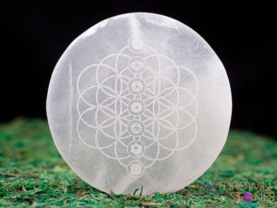 SELENITE Charging Plate - White Laser Engraved Chakra Flower of Life Disc - Crystal Charging Plate, Crystal Tray, E1911-Throwin Stones