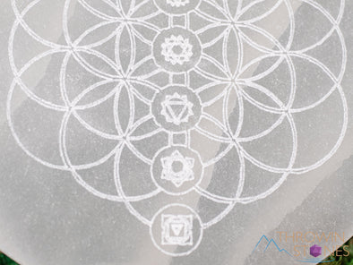 SELENITE Charging Plate - White Laser Engraved Chakra Flower of Life Disc - Crystal Charging Plate, Crystal Tray, E1911-Throwin Stones