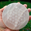 SELENITE Charging Plate - White Laser Engraved Chakra Flower of Life Disc - Crystal Charging Plate, Crystal Tray, E1911-Throwin Stones
