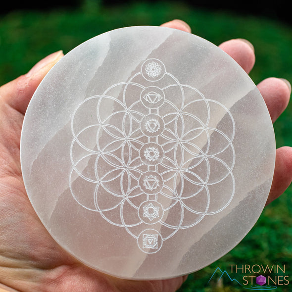 SELENITE Charging Plate - White Laser Engraved Chakra Flower of Life Disc - Crystal Charging Plate, Crystal Tray, E1911-Throwin Stones